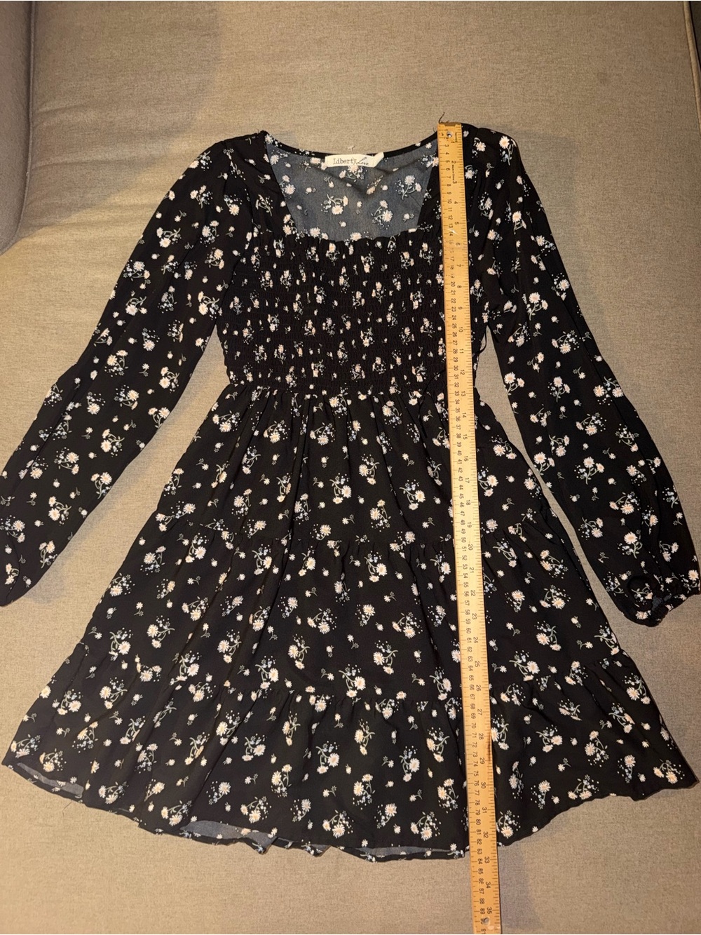 Liberty Love Black Floral Long-Sleeve Smocked Dress with Pink & White Blossoms